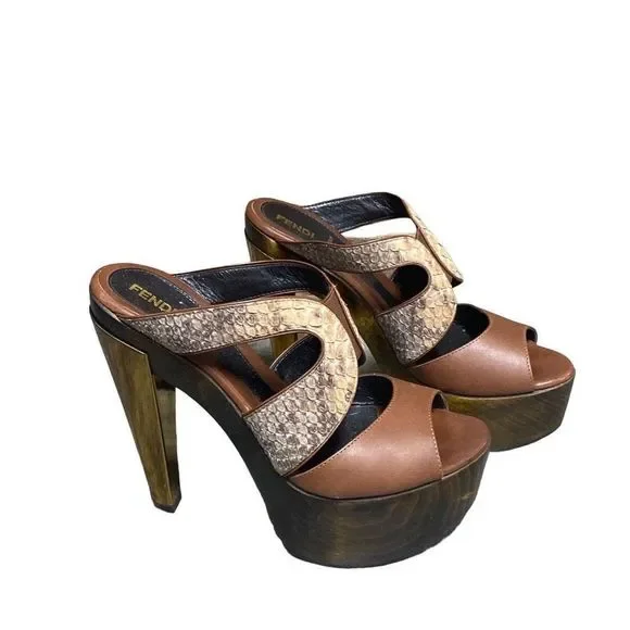 Fendi Embossed Brown Leather Slide Platform Heel Sandal Size 38 - Picture 1 of 11
